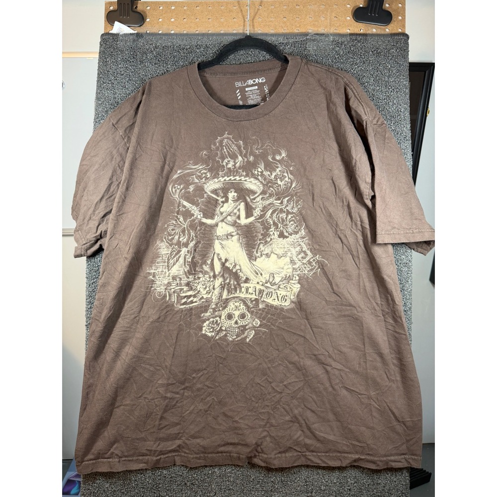 Billabong Graphic T-Shirt Mens XXL Brown Sombrero Pistol Sugar Skull T-Shirt
